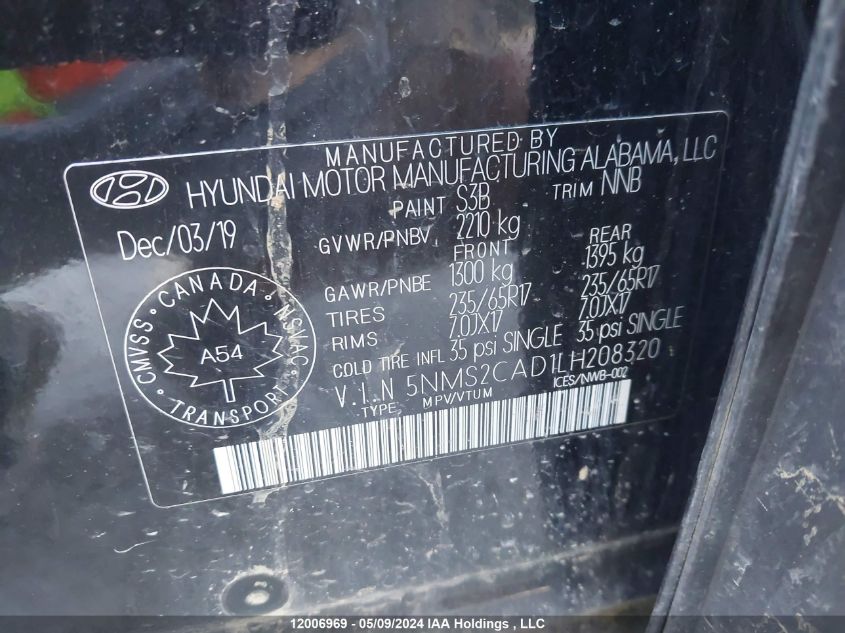 2020 Hyundai Santa Fe Se VIN: 5NMS2CAD1LH208320 Lot: 12006969