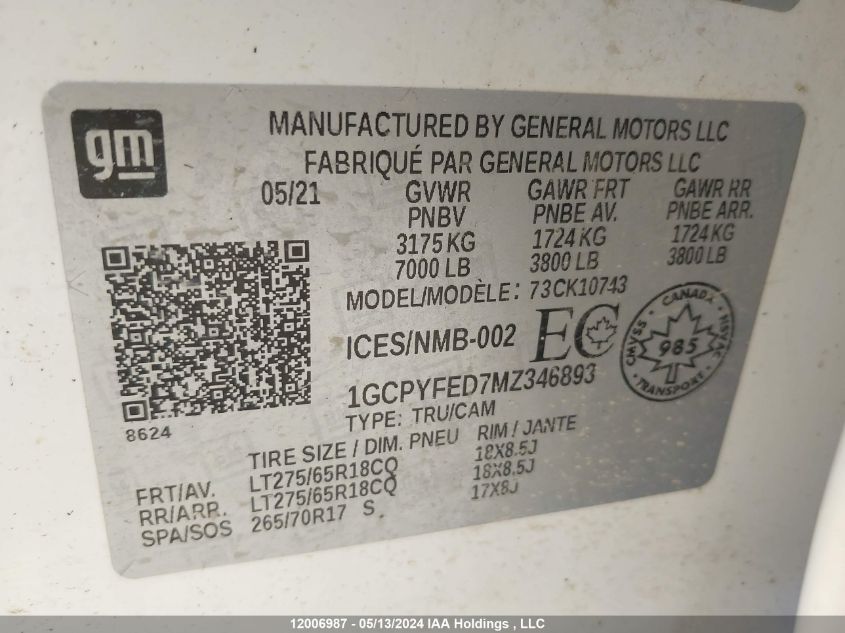 2021 Chevrolet Silverado 1500 VIN: 1GCPYFED7MZ346893 Lot: 12006987