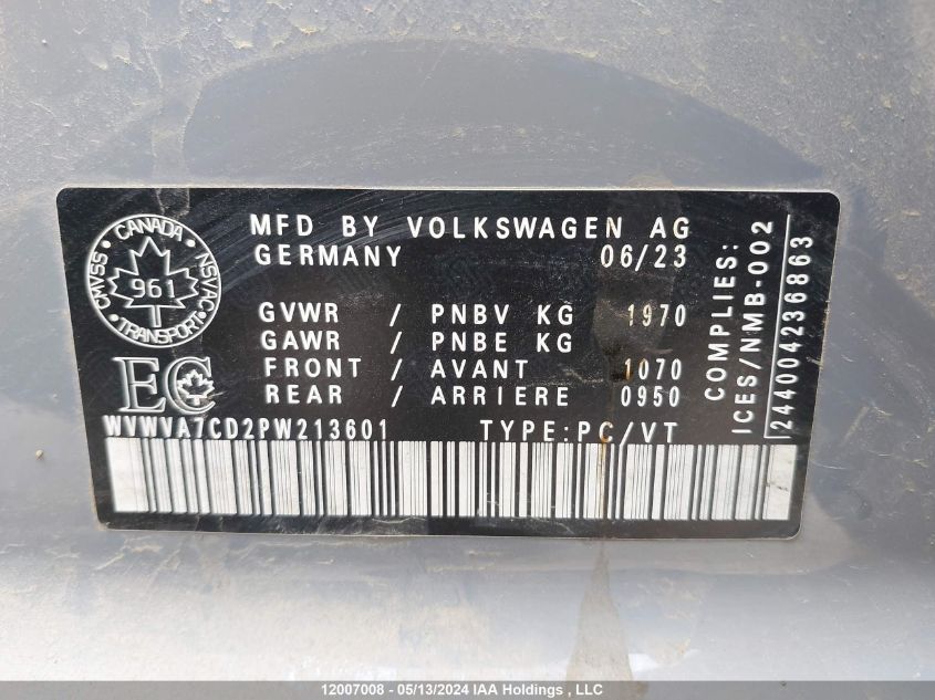 2023 Volkswagen Golf Gti VIN: WVWVA7CD2PW213601 Lot: 12007008