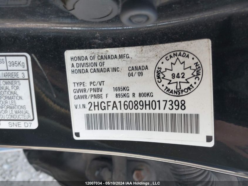 2009 Honda Civic Exl VIN: 2HGFA16089H017398 Lot: 12007034