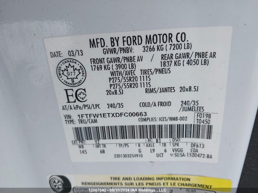 2013 Ford F150 Supercrew VIN: 1FTFW1ETXDFC00663 Lot: 12007042