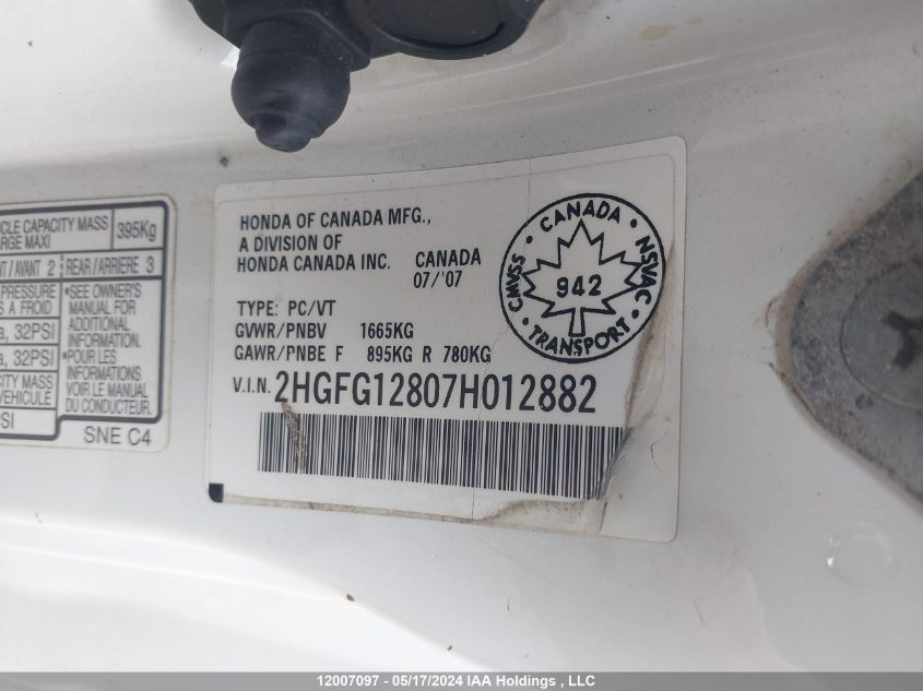2007 Honda Civic VIN: 2HGFG12807H012882 Lot: 12007097