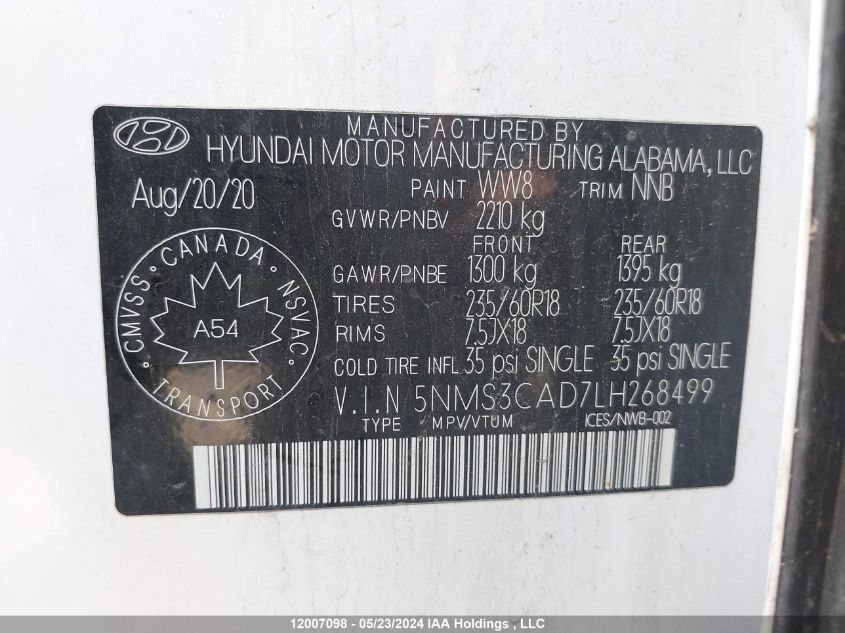 2020 Hyundai Santa Fe Sel/Sel Plus VIN: 5NMS3CAD7LH268499 Lot: 12007098