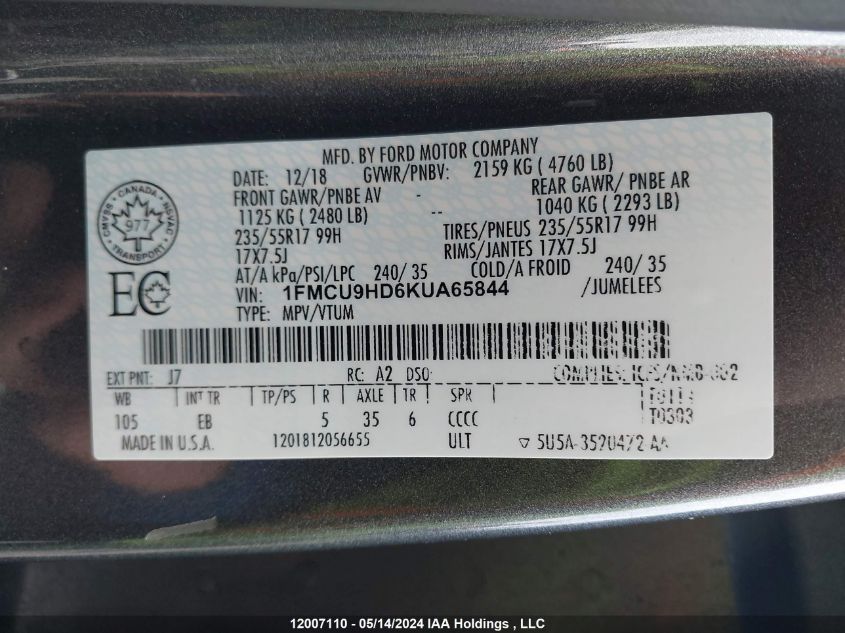 1FMCU9HD6KUA65844 2019 Ford Escape