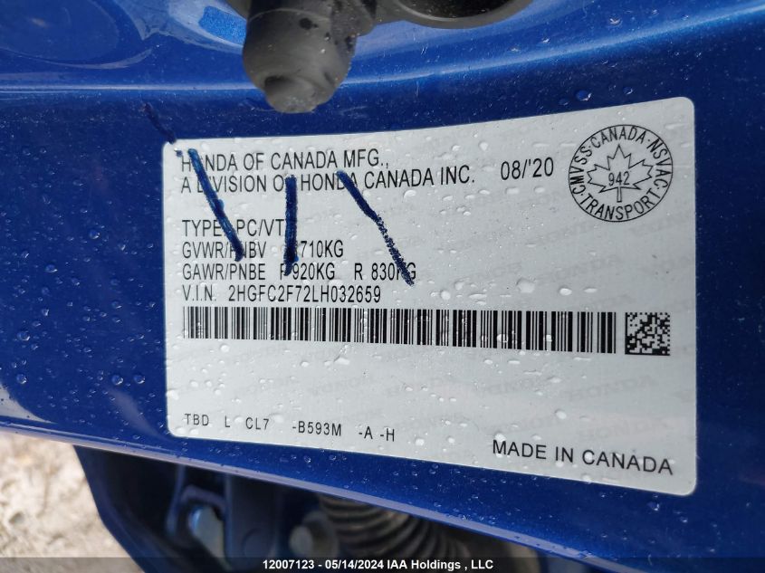 2020 Honda Civic Ex VIN: 2HGFC2F72LH032659 Lot: 12007123