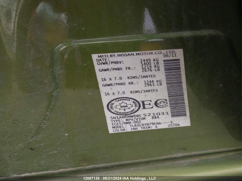 2011 Nissan Xterra Off Road/S/Se VIN: 5N1AN0NW6BC521031 Lot: 12007130