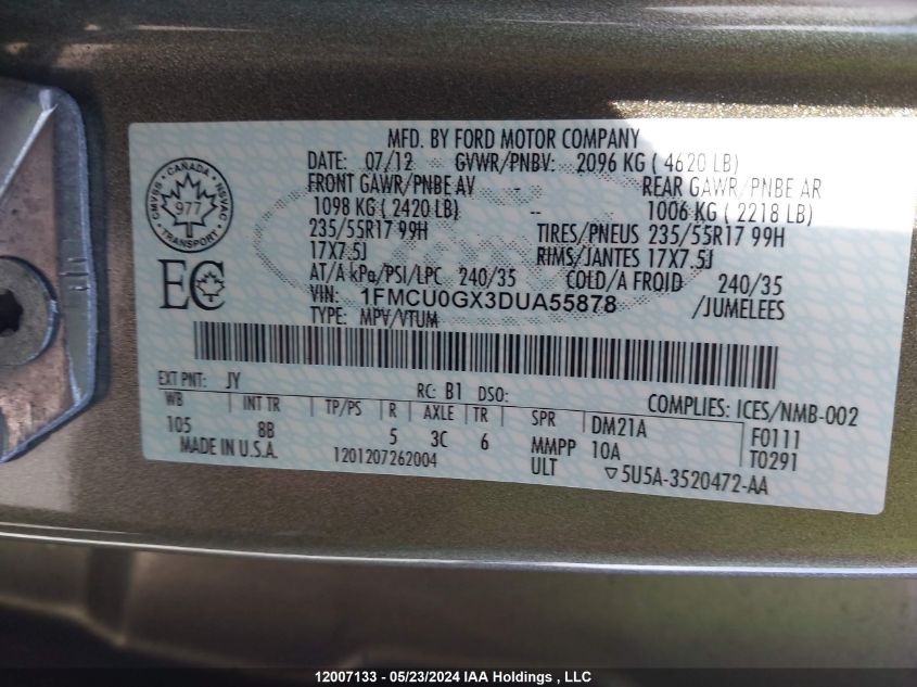 2013 Ford Escape Se VIN: 1FMCU0GX3DUA55878 Lot: 12007133