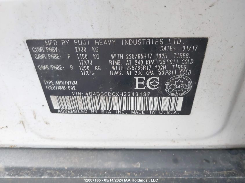 2017 Subaru Outback VIN: 4S4BSCDCXH3343137 Lot: 12007165