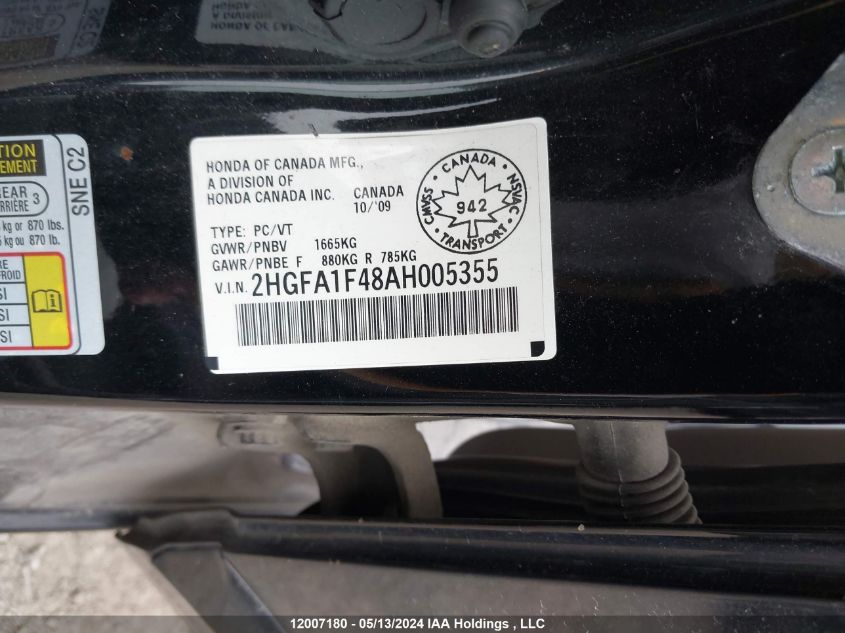 2010 Honda Civic Sdn VIN: 2HGFA1F48AH005355 Lot: 12007180