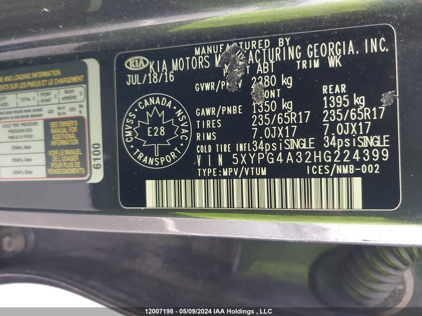 2017 Kia Sorento Lx/L VIN: 5XYPG4A32HG224399 Lot: 12007198