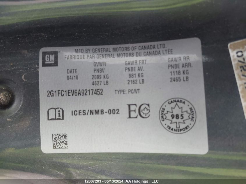 2010 Chevrolet Camaro VIN: 2G1FC1EV6A9217452 Lot: 12007203