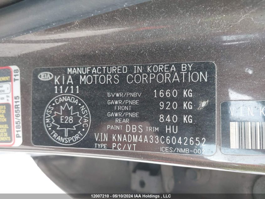 2012 Kia Rio VIN: KNADM4A33C6042652 Lot: 12007210