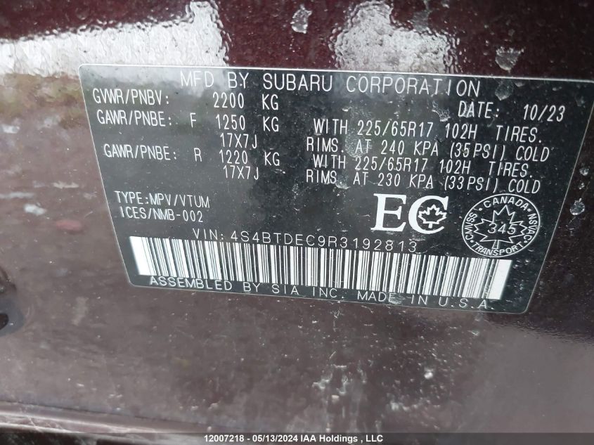 2024 Subaru Outback VIN: 4S4BTDEC9R3192813 Lot: 12007218