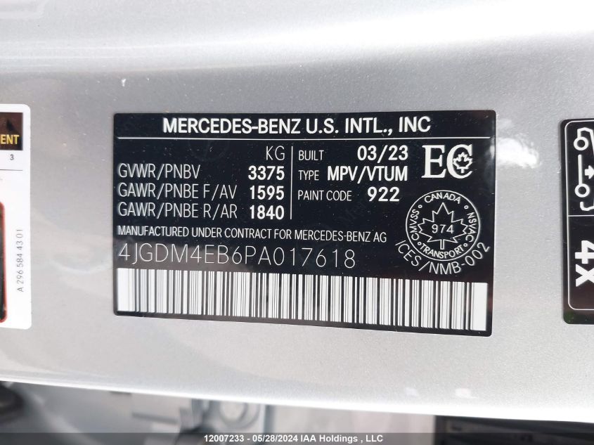 2023 Mercedes-Benz Eqs VIN: 4JGDM4EB6PA017618 Lot: 12007233