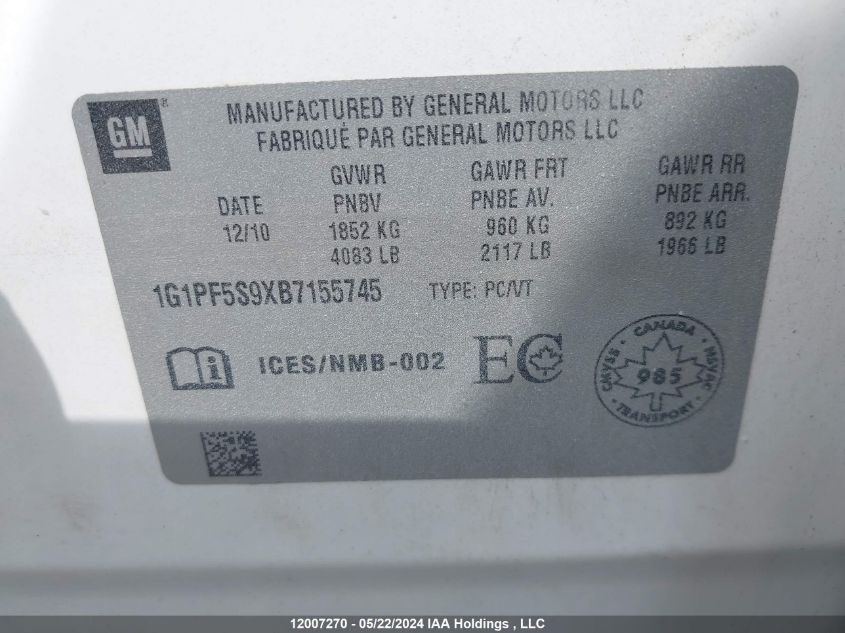 2011 Chevrolet Cruze VIN: 1G1PF5S9XB7155745 Lot: 12007270