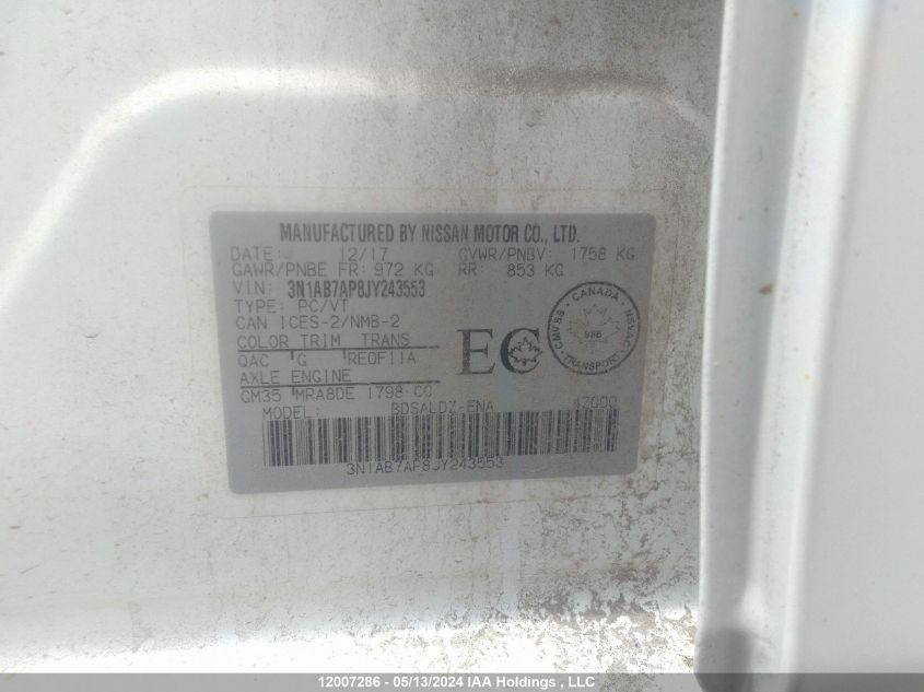2018 Nissan Sentra VIN: 3N1AB7AP8JY243553 Lot: 12007286