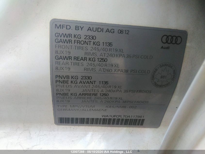 2013 Audi Allroad VIN: WA1UFCFL7DA117961 Lot: 12007288