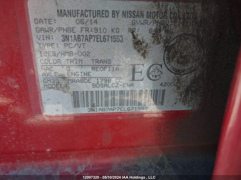 2014 Nissan Sentra VIN: 3N1AB7AP7EL671553 Lot: 12007320