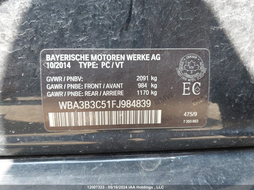 2015 BMW 3 Series VIN: WBA3B3C51FJ984839 Lot: 12007323