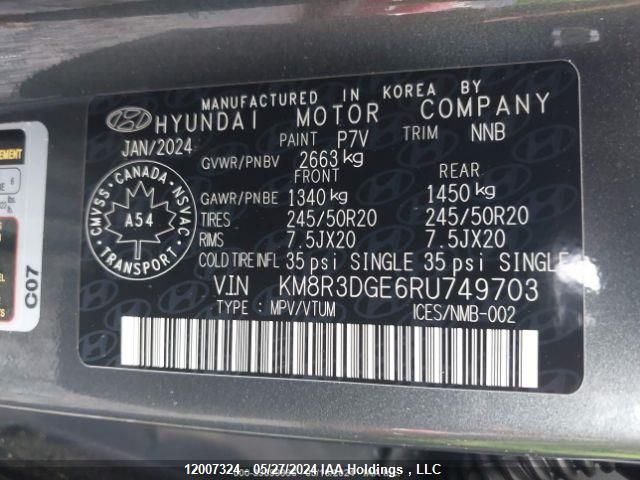 2024 Hyundai Palisade Urban 8-Passenger Seating VIN: KM8R3DGE6RU749703 Lot: 12007324