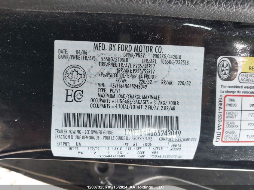 2006 Ford Mustang VIN: 1ZVFT84N665243049 Lot: 12007325