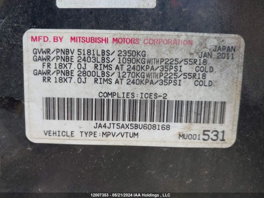 2011 Mitsubishi Outlander Gt VIN: JA4JT5AX5BU608168 Lot: 12007353