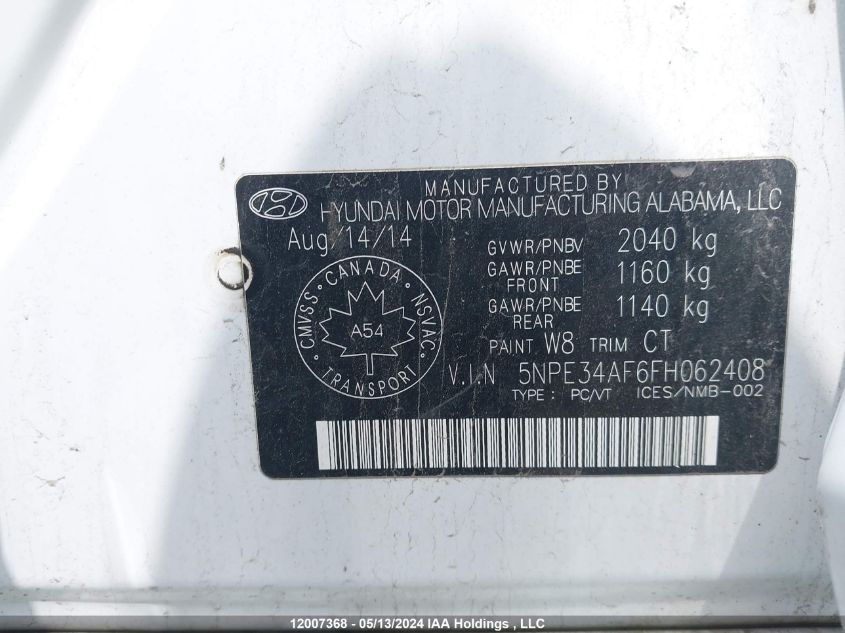 2015 Hyundai Sonata Sport VIN: 5NPE34AF6FH062408 Lot: 12007368