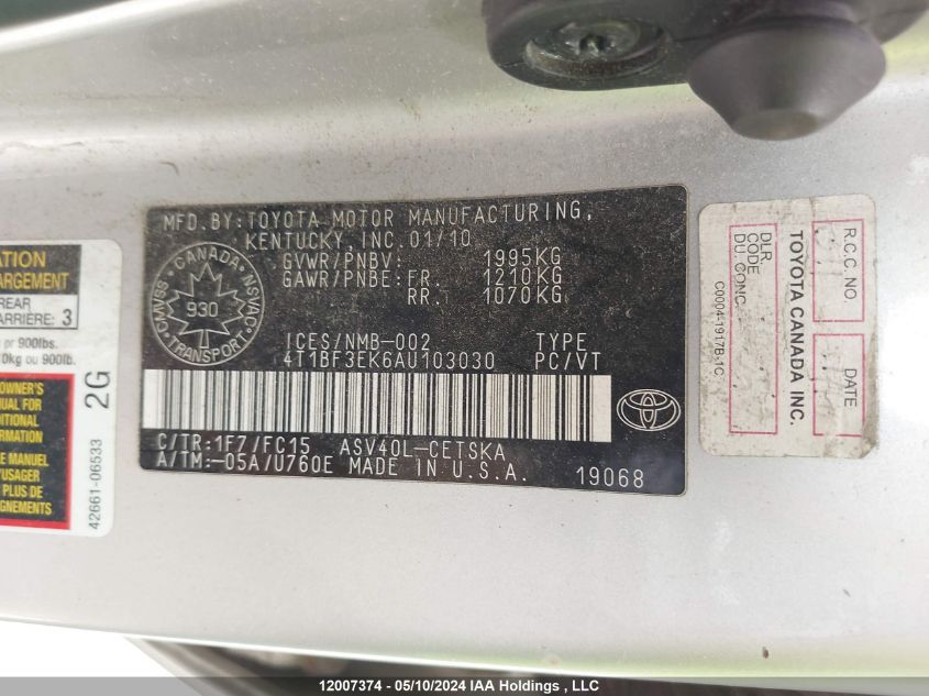 2010 Toyota Camry Se/Le/Xle VIN: 4T1BF3EK6AU103030 Lot: 12007374