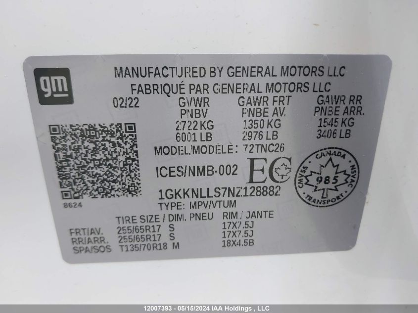 2022 GMC Acadia VIN: 1GKKNLLS7NZ128882 Lot: 12007393