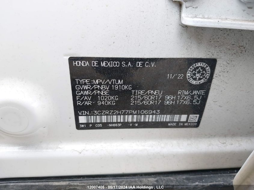 2023 Honda Hr-V VIN: 3CZRZ2H77PM106943 Lot: 12007405