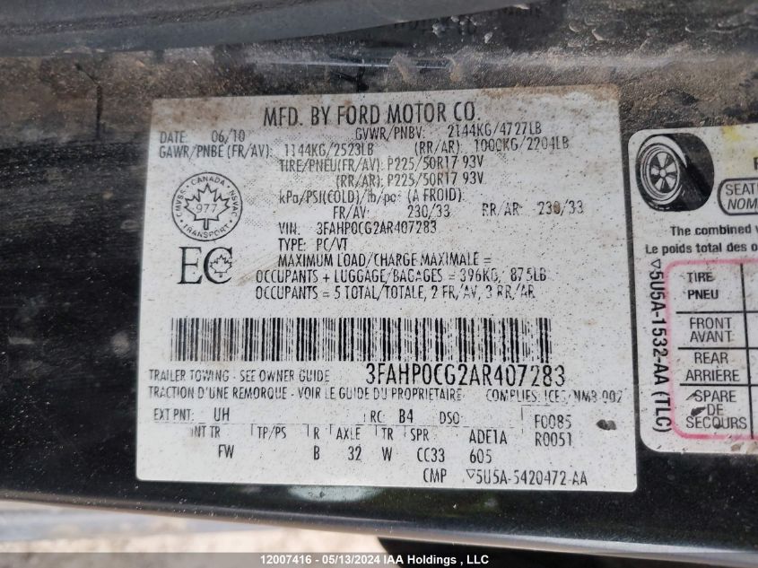 2010 Ford Fusion Sel VIN: 3FAHP0CG2AR407283 Lot: 12007416