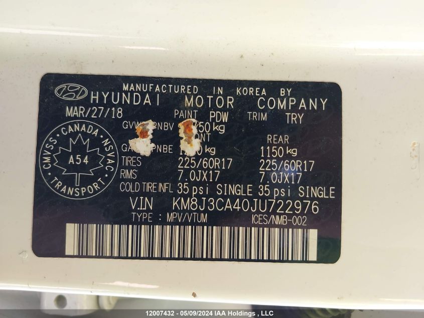 2018 Hyundai Tucson Limited/Sport And Eco/Se VIN: KM8J3CA40JU722976 Lot: 12007432