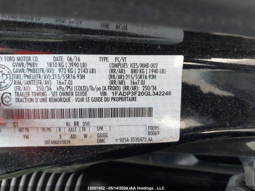 2016 Ford Focus Se VIN: 1FADP3F20GL342246 Lot: 12007452