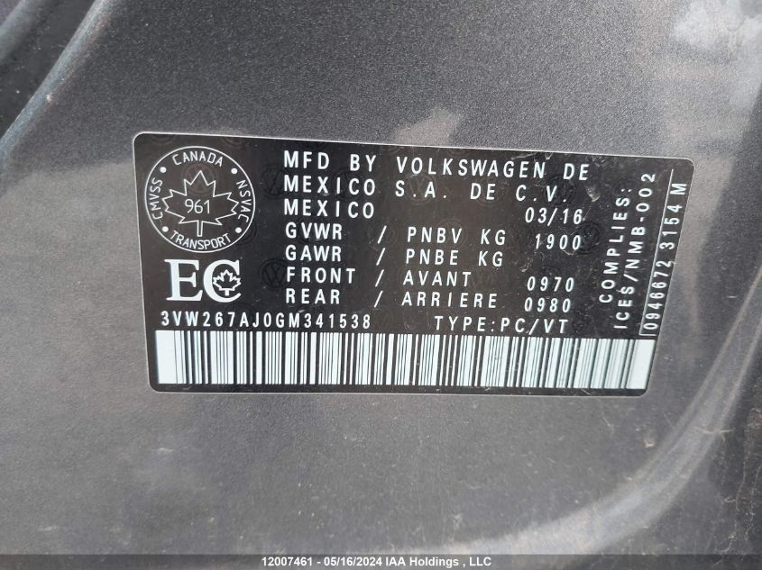 2016 Volkswagen Jetta S VIN: 3VW267AJ0GM341538 Lot: 12007461