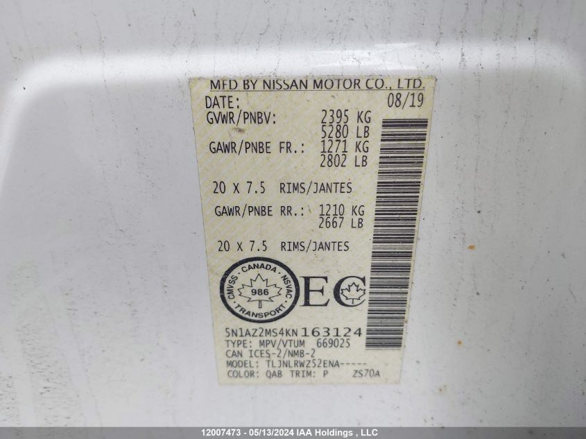 2019 Nissan Murano VIN: 5N1AZ2MS4KN163124 Lot: 12007473