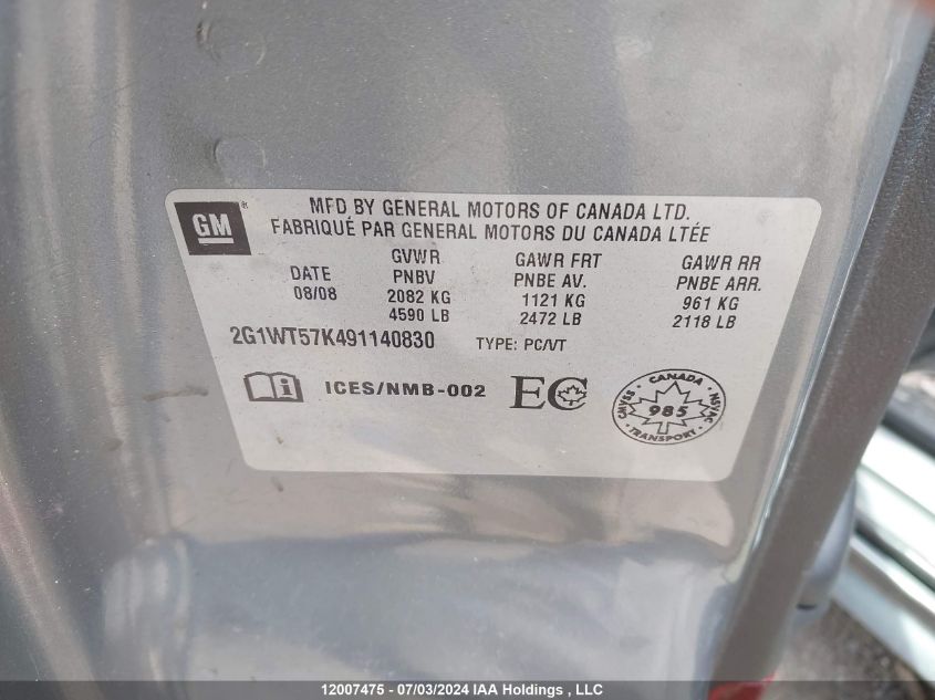 2009 Chevrolet Impala VIN: 2G1WT57K491140830 Lot: 12007475
