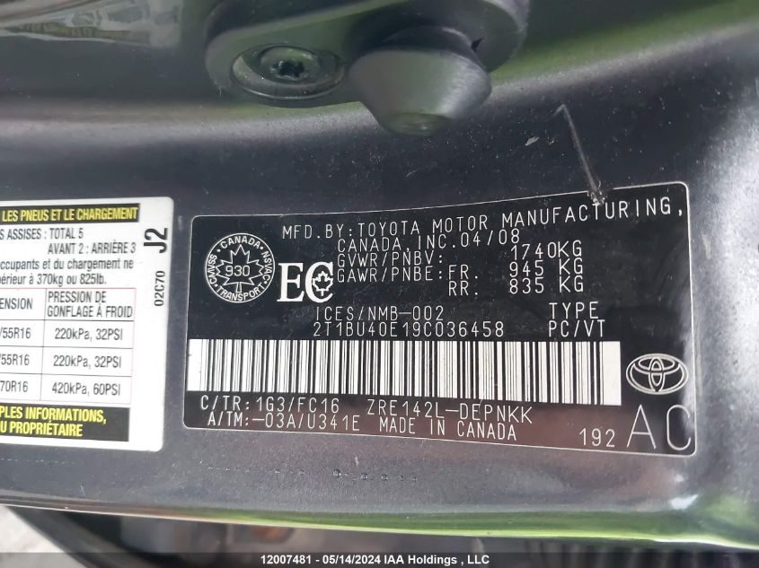 2009 Toyota Corolla Ce/Le/S VIN: 2T1BU40E19C036458 Lot: 12007481