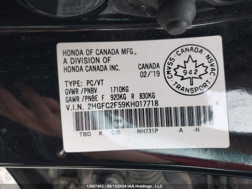 2019 Honda Civic Sedan VIN: 2HGFC2F59KH017718 Lot: 12007482