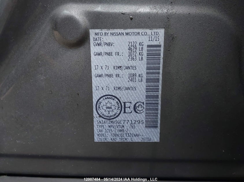 2016 Nissan Rogue VIN: 5N1AT2MV5GC771295 Lot: 12007484