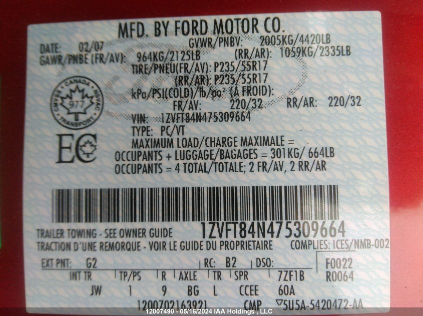 2007 Ford Mustang VIN: 1ZVFT84N475309664 Lot: 12007490