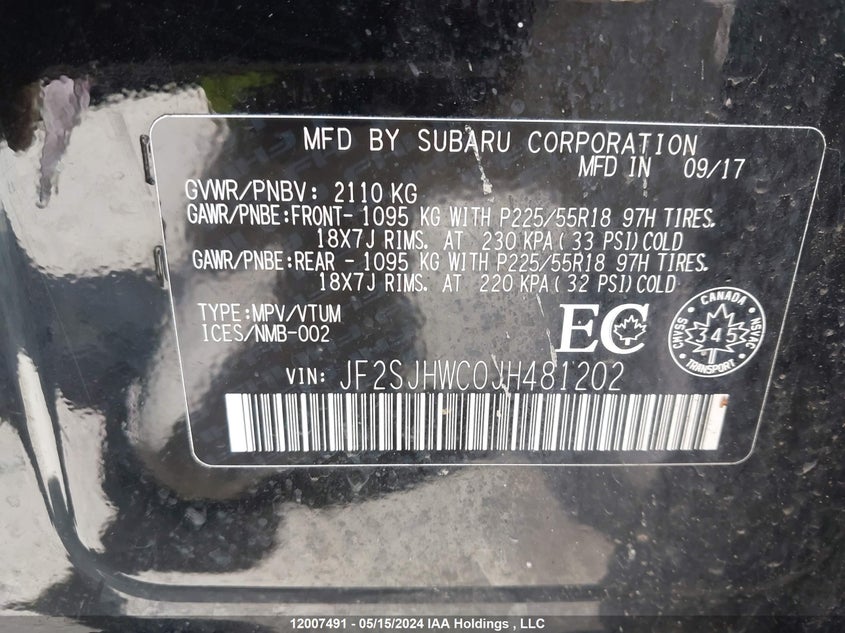 2018 Subaru Forester VIN: JF2SJHWC0JH481202 Lot: 12007491