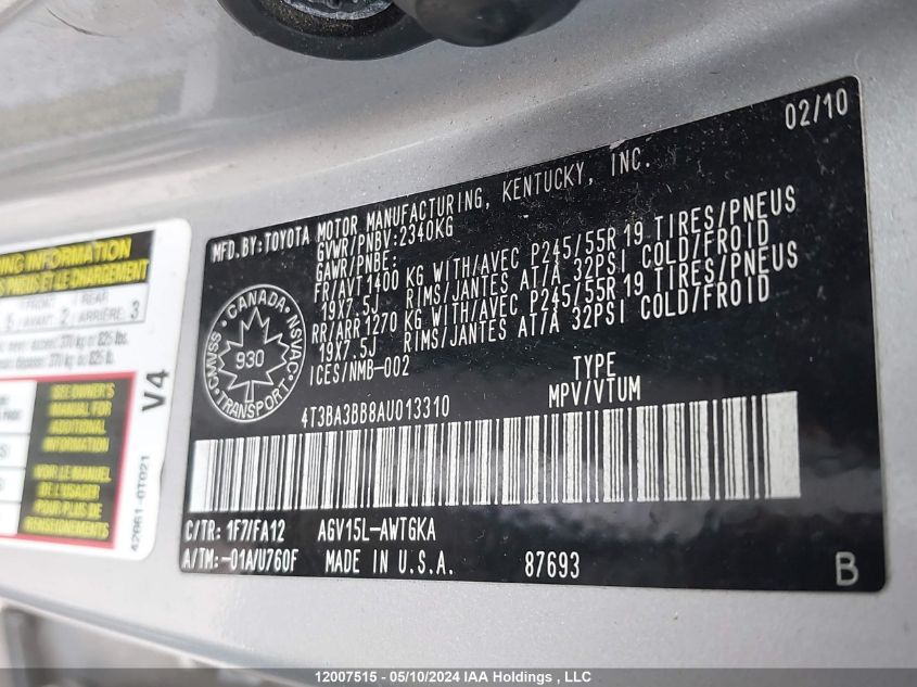 2010 Toyota Venza VIN: 4T3BA3BB8AU013310 Lot: 12007515