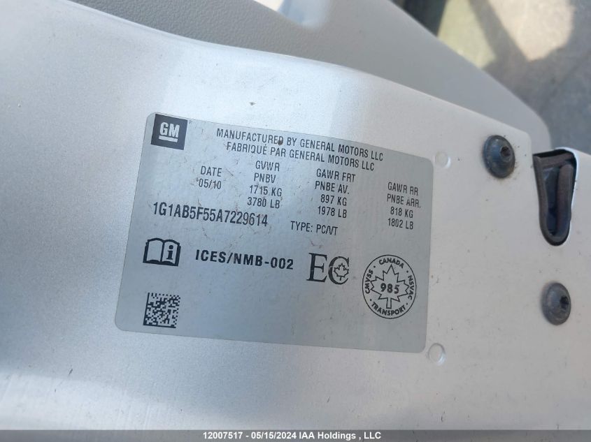 2010 Chevrolet Cobalt VIN: 1G1AB5F55A7229614 Lot: 12007517