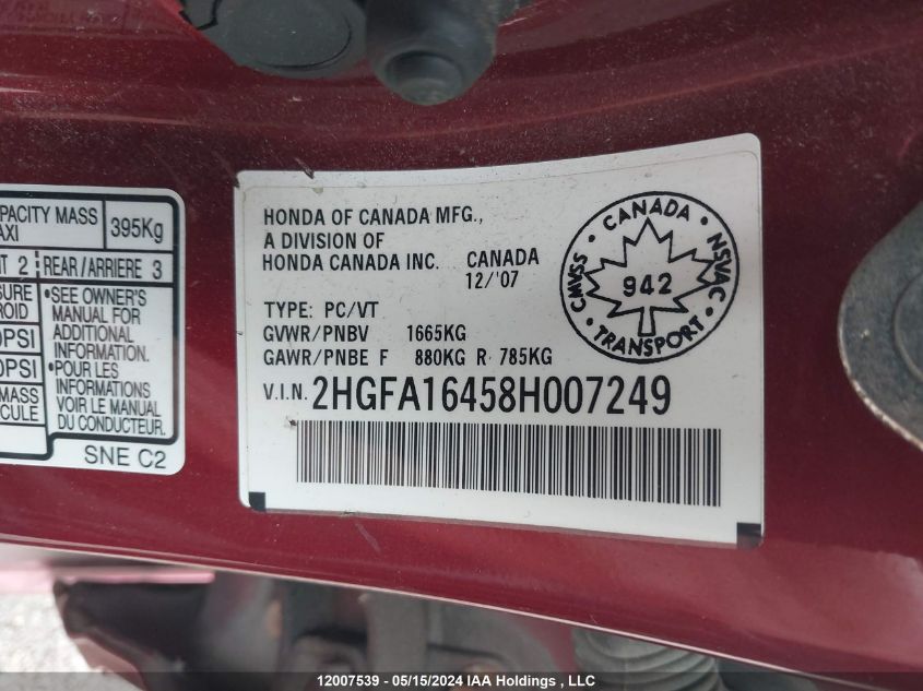 2008 Honda Civic Dx-G VIN: 2HGFA16458H007249 Lot: 12007539