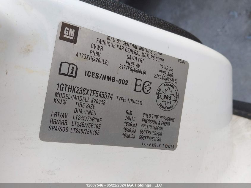 2007 GMC Sierra 2500Hd VIN: 1GTHK236X7F545574 Lot: 12007546
