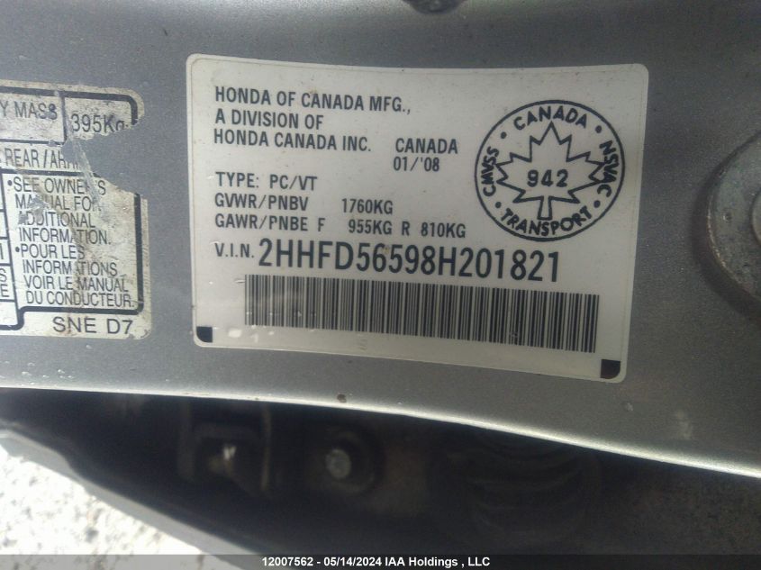 2008 Acura Csx VIN: 2HHFD56598H201821 Lot: 12007562