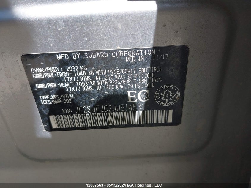 2018 Subaru Forester VIN: JF2SJEJC2JH514531 Lot: 12007563