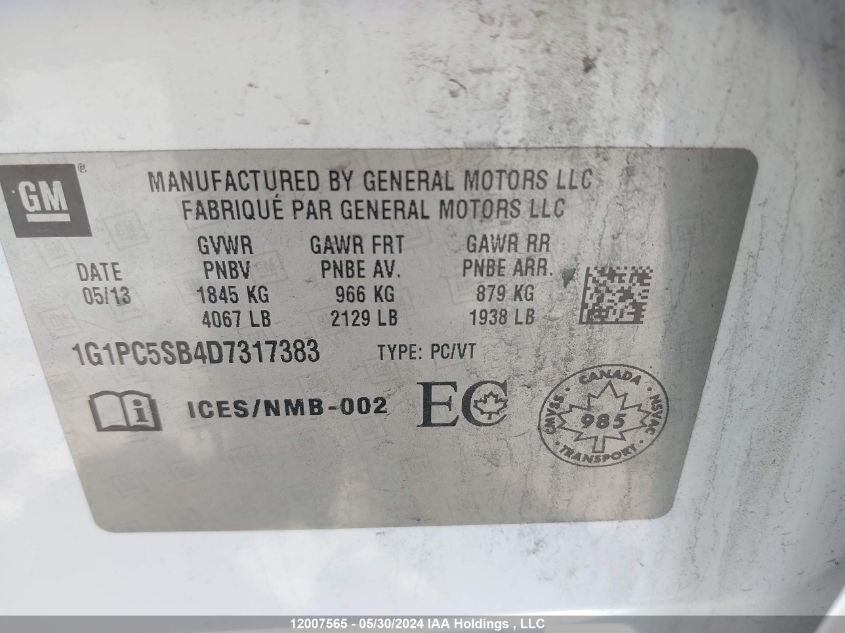 2013 Chevrolet Cruze VIN: 1G1PC5SB4D7317383 Lot: 12007565