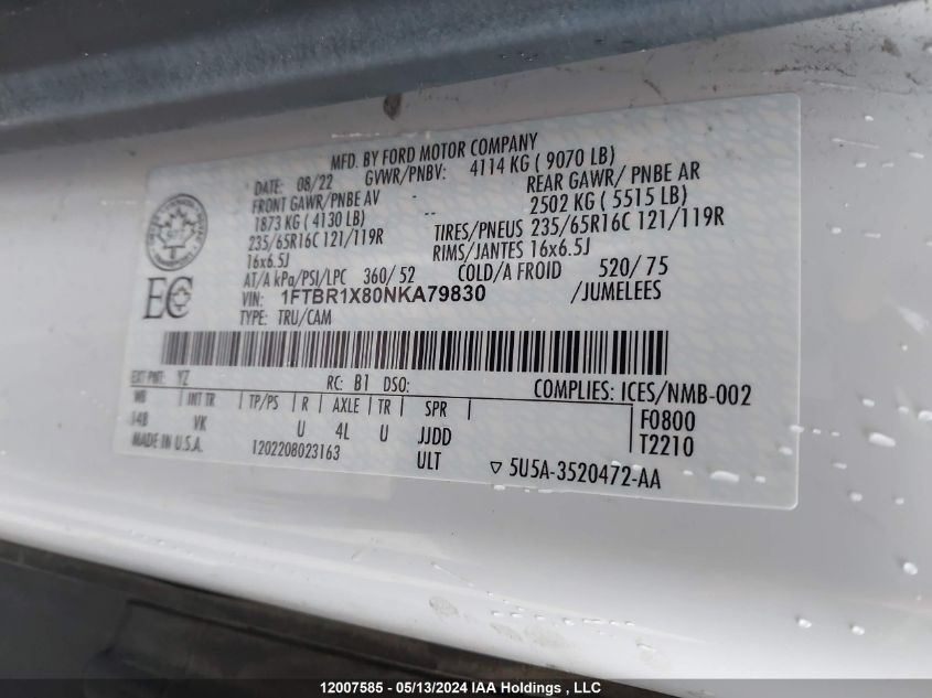 2022 Ford Transit T-250 VIN: 1FTBR1X80NKA79830 Lot: 12007585