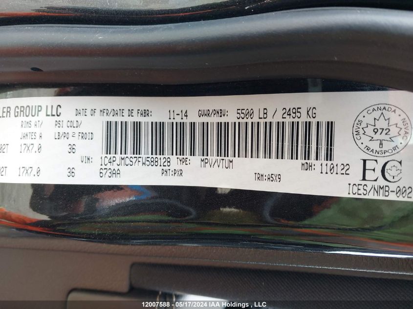 2015 Jeep Cherokee VIN: 1C4PJMCS7FW588128 Lot: 12007588